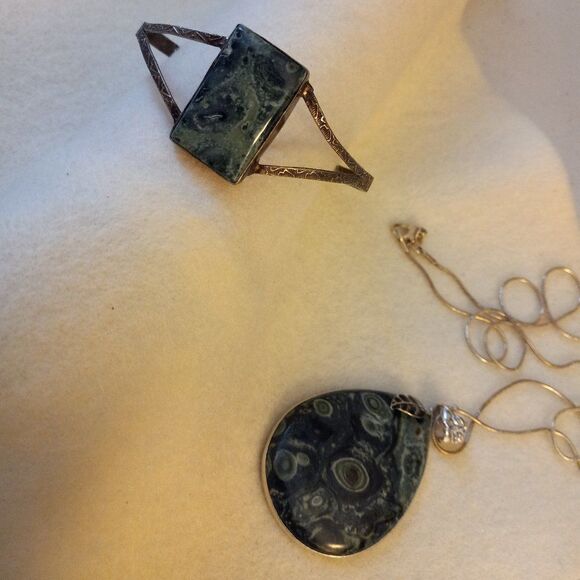 Silver 925 Bracelet and Necklace with large green stones